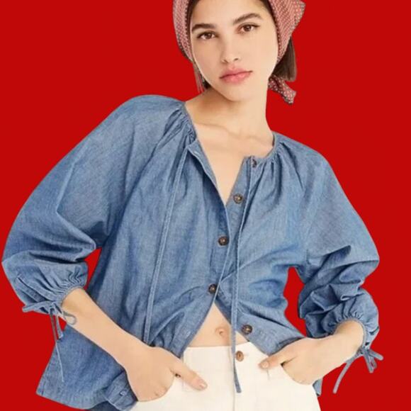 J. CREW Re-Imagined Tie-Sleeve Button Up Chambray Peasant Sleeve Shirt Top - S - Picture 9 of 9